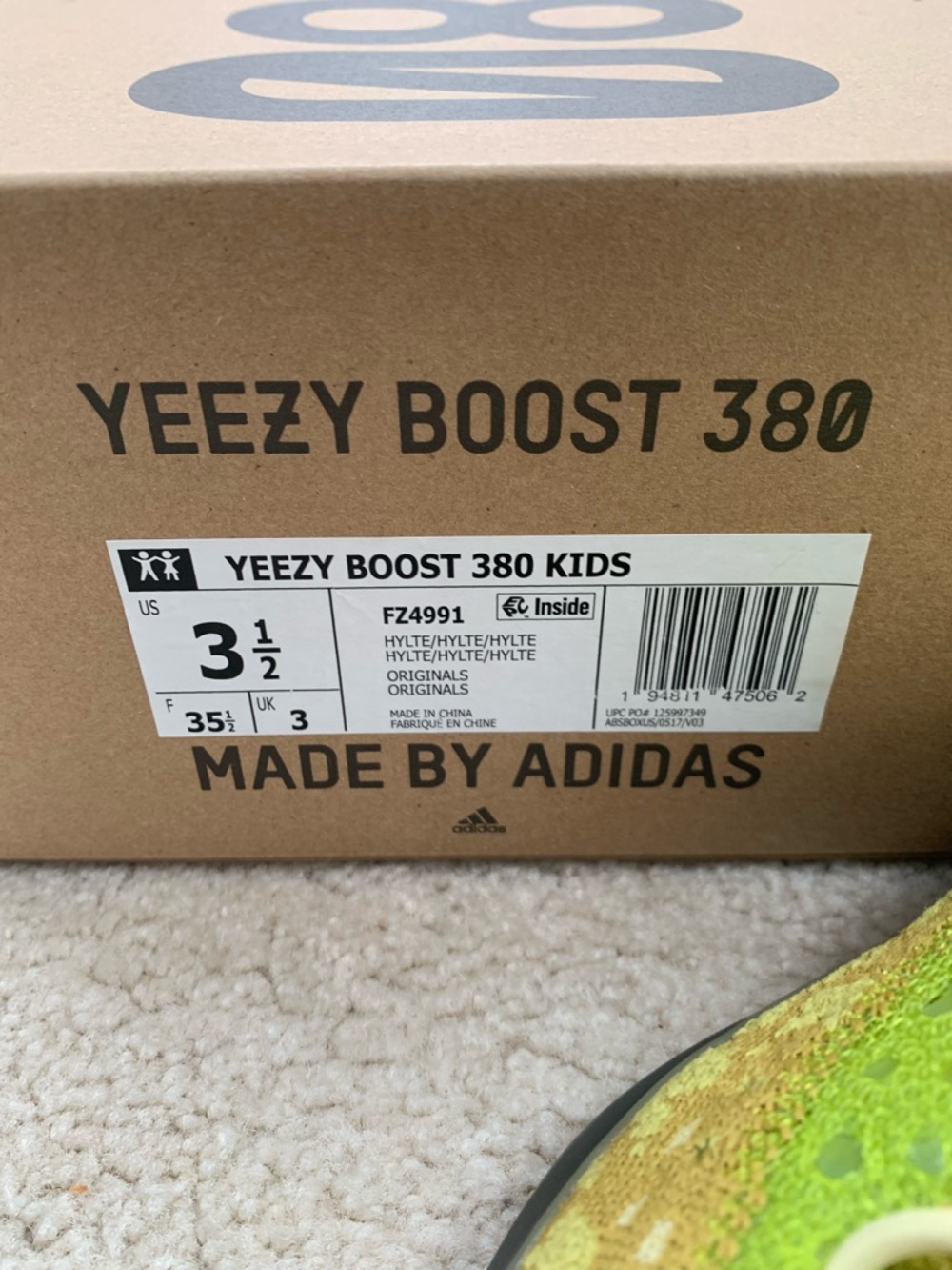Adidas Big Kid Size 3.5 Yeezy Boost 380 Hylte Neon Lime Green Slip In Sneakers - Picture 3 of 15